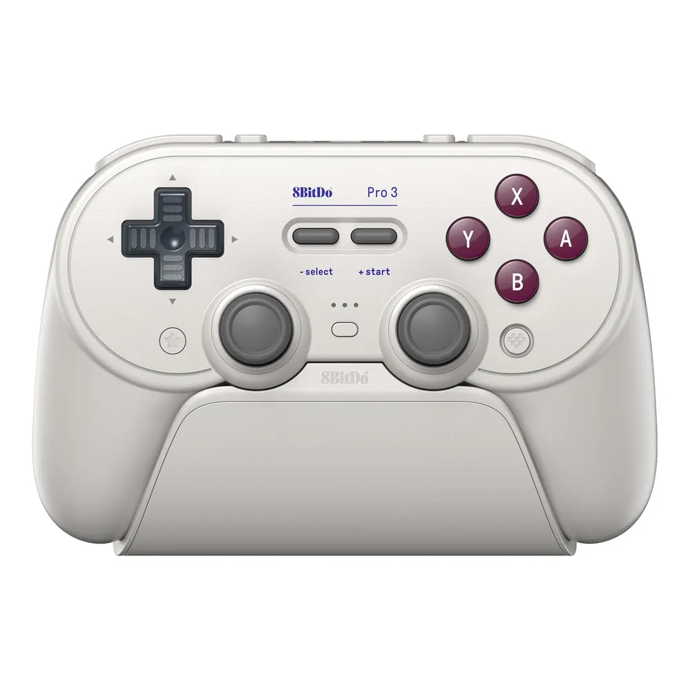 Gray and white 8BitDo Pro 3 Bluetooth controller in the G Classic colorway