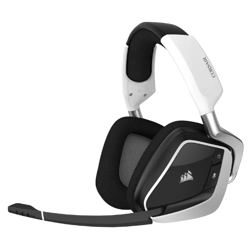 White Corsair Void RGB Elite wireless gaming headset with flip-up mic
