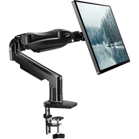 Black HUANUO FlowLift single monitor arm with clamp and grommet base