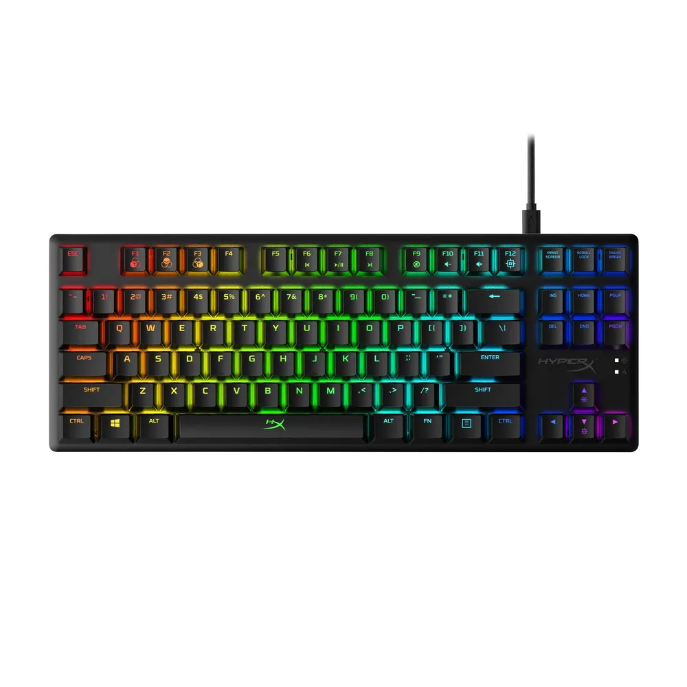 Black HyperX Alloy Origins Core tenkeyless mechanical keyboard with aluminum body and RGB lighting