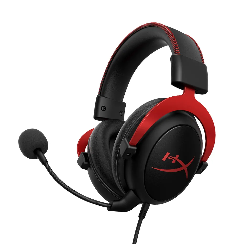 HyperX Cloud II wired gaming headset with red accents, aluminum frame and detachable mic