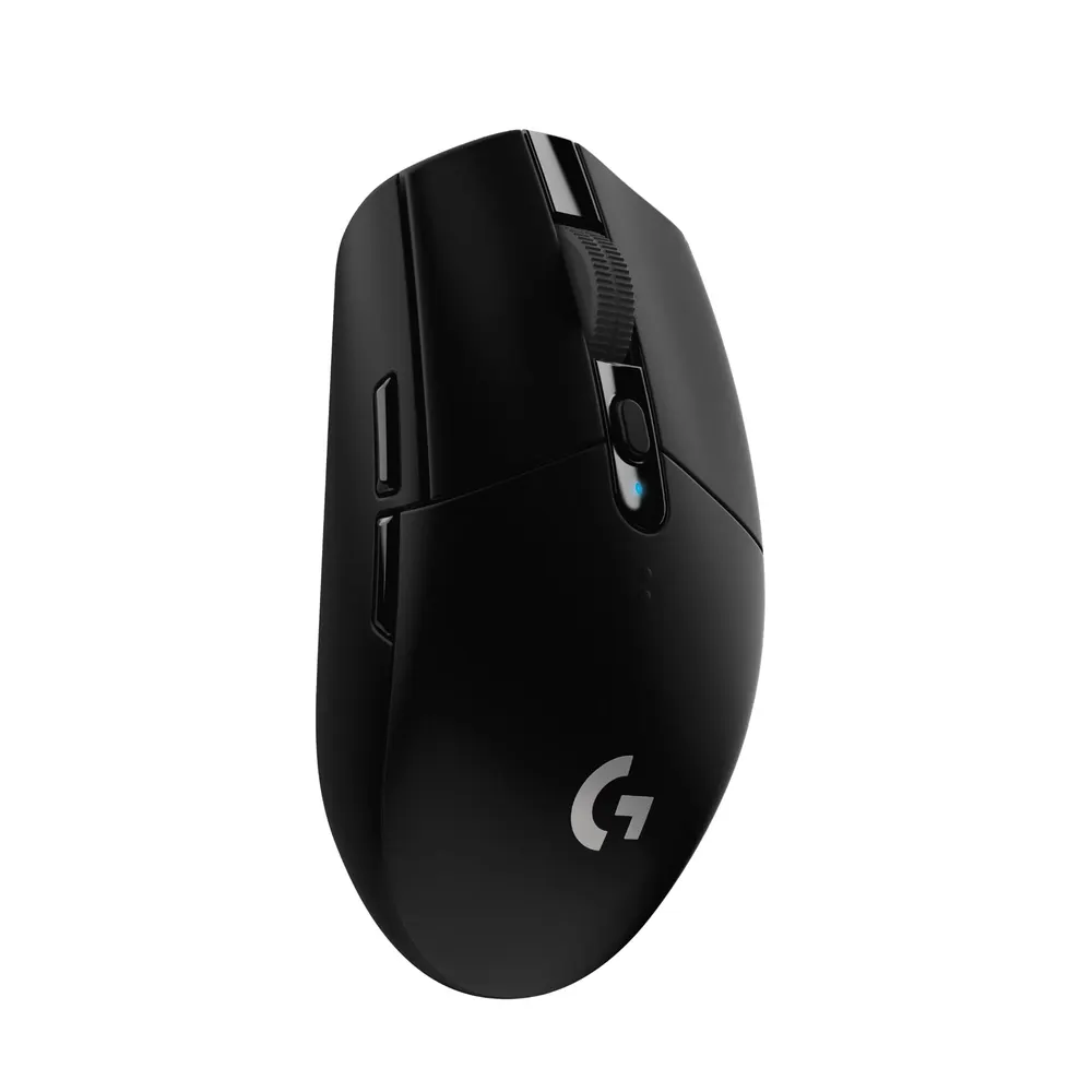 Black Logitech G305 Lightspeed wireless gaming mouse with a compact symmetrical shape