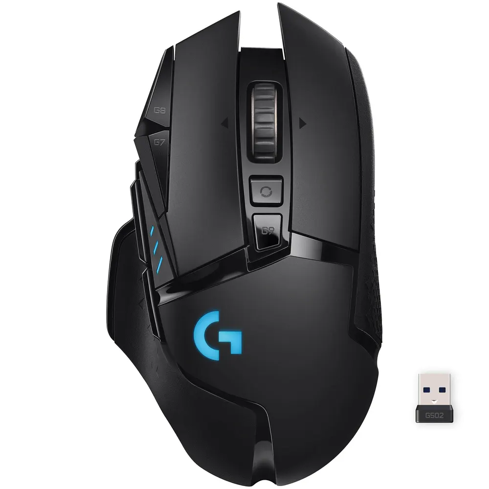 Black Logitech G502 Lightspeed wireless gaming mouse with angular design and side buttons