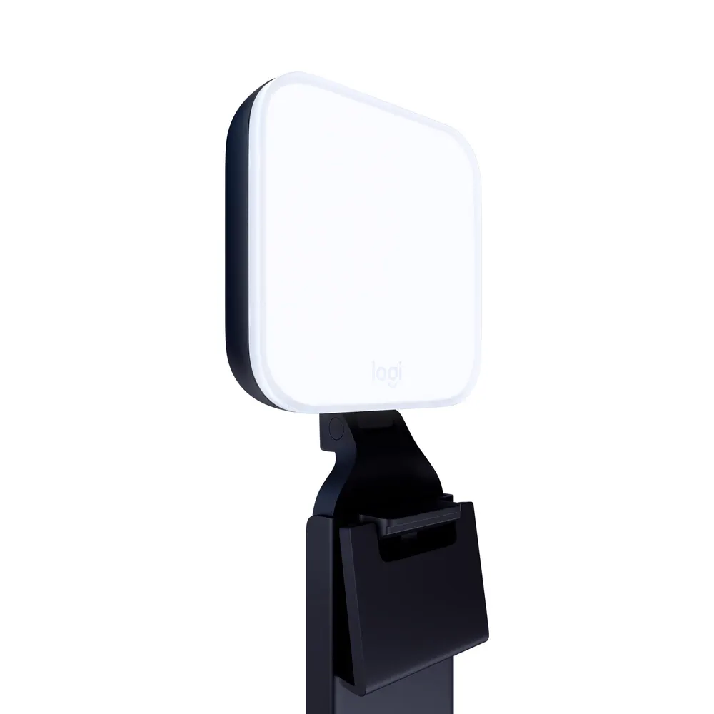 Graphite Logitech Litra Glow LED streaming light on a monitor mount