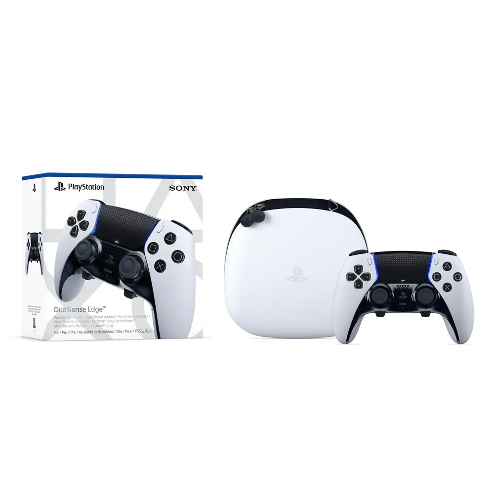 White PlayStation DualSense Edge pro wireless controller with back buttons and swappable sticks