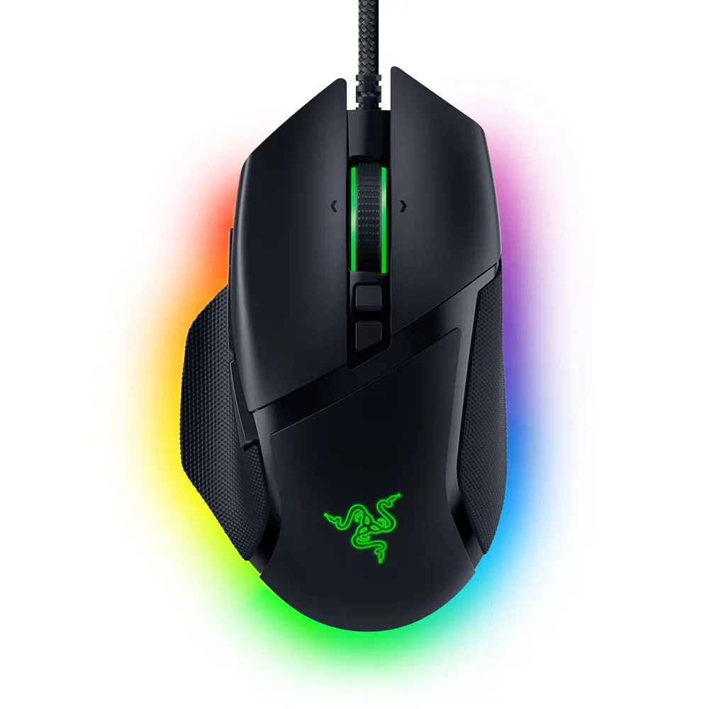 Black Razer Basilisk V3 ergonomic wired gaming mouse with thumb rest and RGB lighting