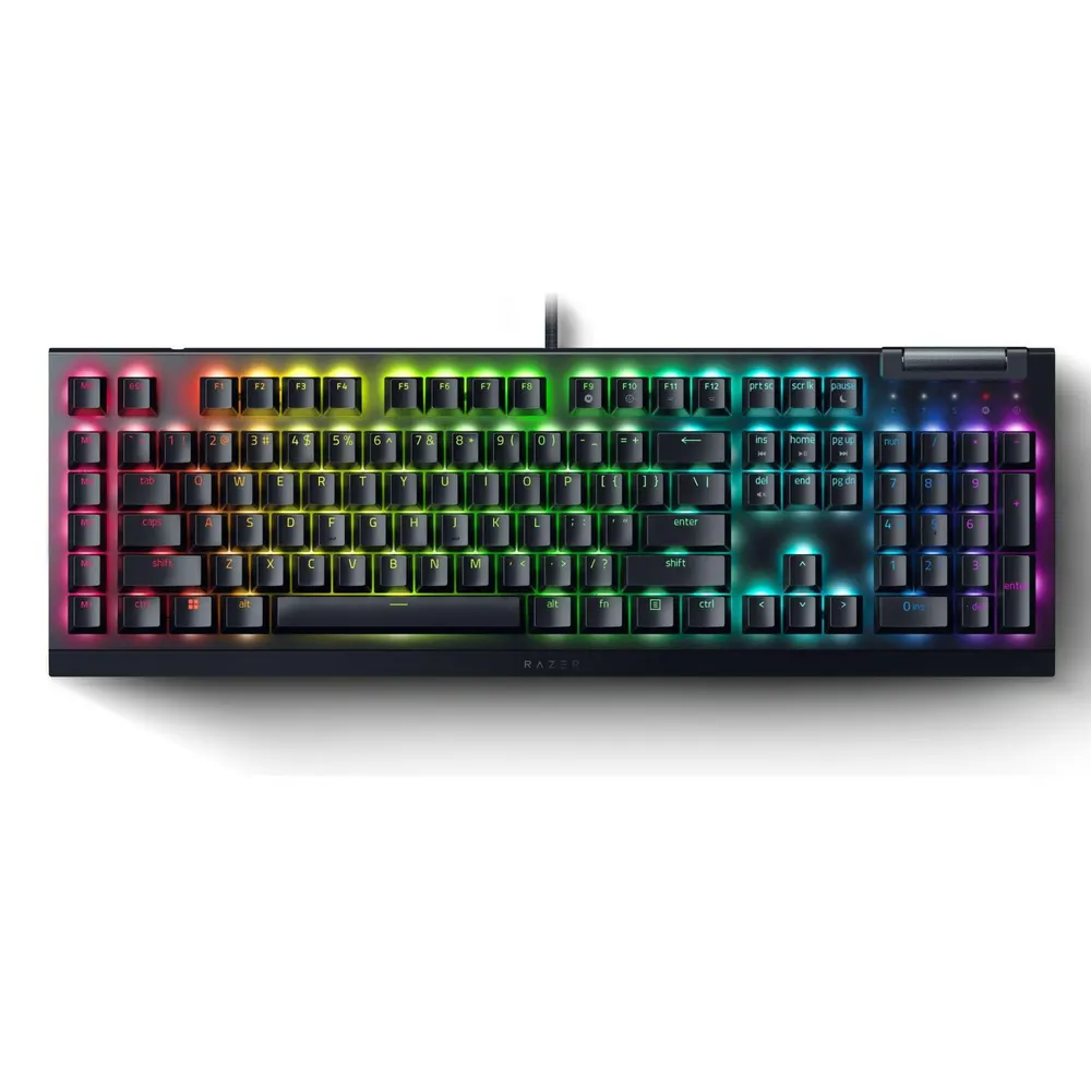 Black Razer BlackWidow V4 X full-size mechanical keyboard with macro keys and media roller