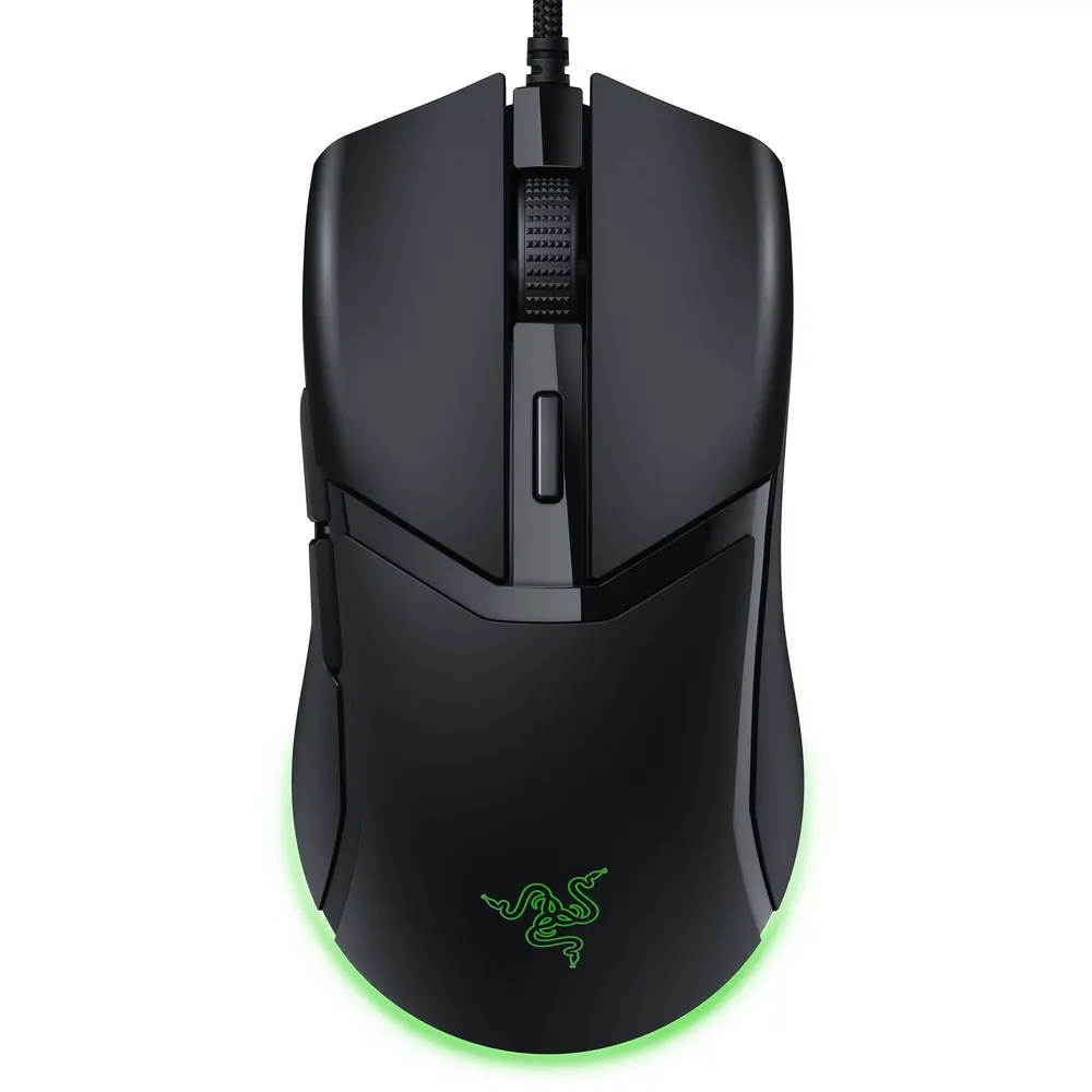 Black Razer Cobra lightweight wired gaming mouse with RGB underglow