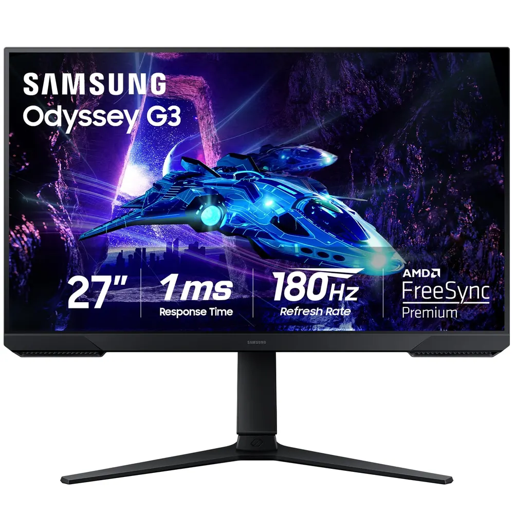 Samsung 27-inch Odyssey G3 gaming monitor on a height adjustable stand