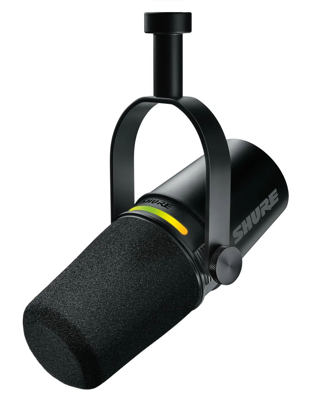 Black Shure MV7+ dynamic podcast and streaming microphone with LED touch panel