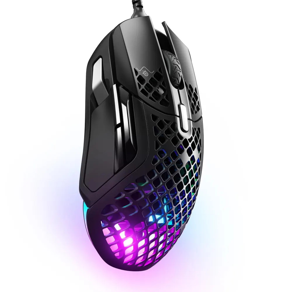 Black SteelSeries Aerox 5 wired gaming mouse with honeycomb shell and RGB lighting