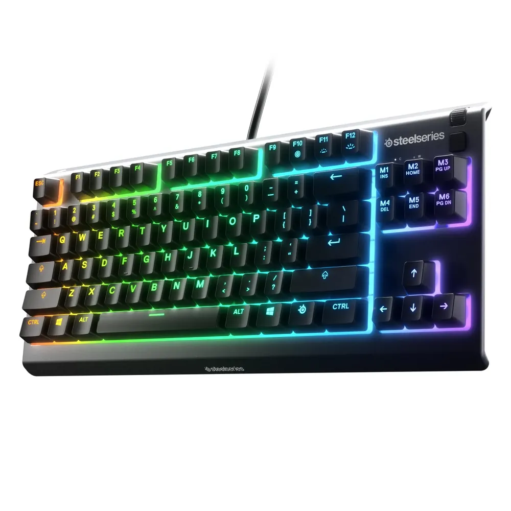 Black SteelSeries Apex 3 TKL tenkeyless gaming keyboard with RGB lighting and volume roller
