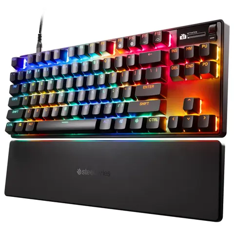 Black SteelSeries Apex Pro TKL Gen 3 tenkeyless keyboard with OLED smart display