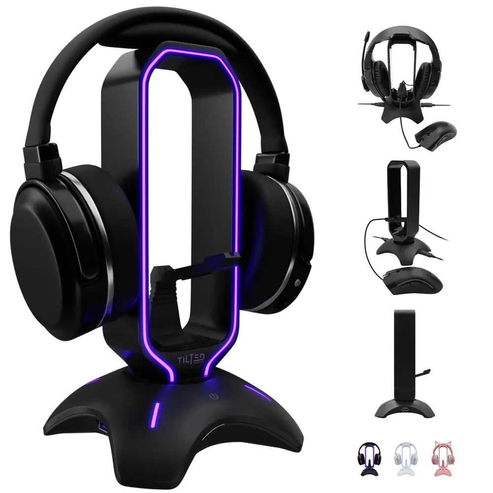 Black Tilted Nation RGB gaming headset stand with mouse bungee and USB hub